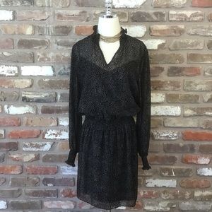 WHITE HOUSE BLACK MARKET Black Long Sleeve Velvet Dotted Cinched Waist Dress
